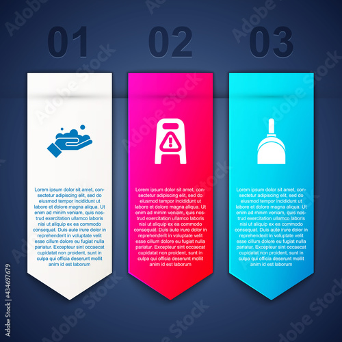 Set Washing hands with soap, Wet floor cleaning progress and Dustpan. Business infographic template. Vector