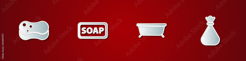 Set Sponge, Bar of soap, Bathtub and Garbage bag icon. Vector Set Sponge, Bar of soap, Bathtub and Garbage bag icon. Vector