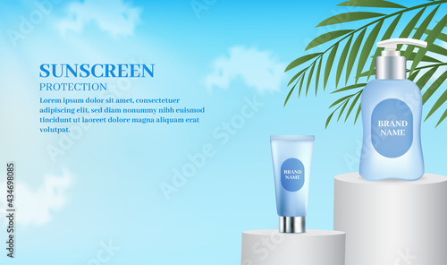3d realistic sunscreen cosmetic banner with summer sky view
