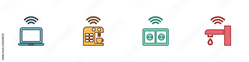 Set Wireless laptop, Smart coffee machine, electrical outlet and water tap icon. Vector Set Wireless laptop, Smart coffee machine, electrical outlet and water tap icon. Vector