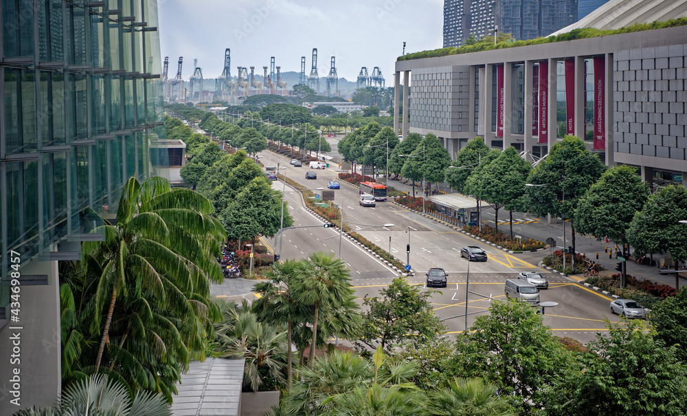 View on the Bayfront Ave.On the street people and cars are moving View on the Bayfront Ave.On the street people and cars are moving
