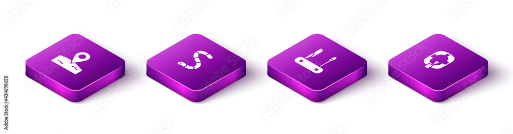 Set Isometric Location fishing, Worm, Swiss army knife and Inflatable boat icon. Vector Set Isometric Location fishing, Worm, Swiss army knife and Inflatable boat icon. Vector