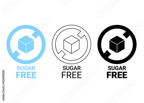 Sugar free icon. Sugar cube in circle sign. No sugar added product package design. Blue, outline and black sugar free food symbol. Vector label