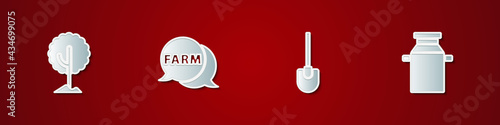 Set Tree, Speech bubble with Farm, Shovel and Can container for milk icon. Vector