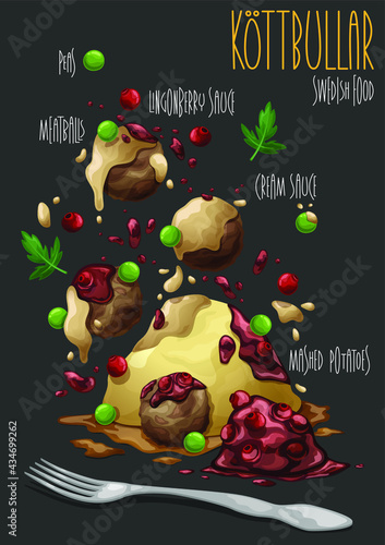 Kottbullar. Swedish meatballs kottbullar in sauce with mashed potatoes, peas and lingonberry sauce