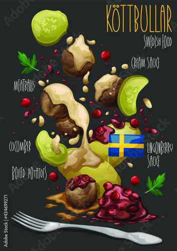 Kottbullar. Swedish meatballs kottbullar in sauce with boiled potatoes, cucumber and lingonberry sauce