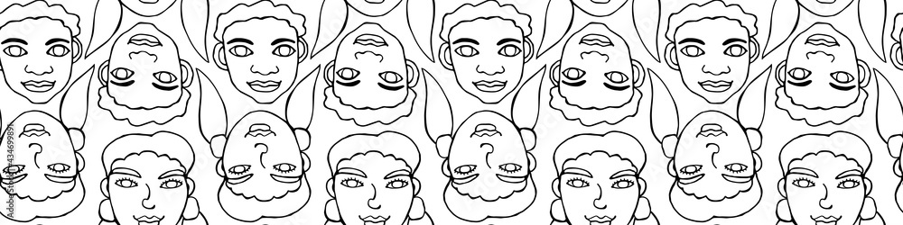 Seamless pattern with cartoon faces vector people. Hand drawn line art illustration. Outline doodle heads of women, men, boys, girls. Texture backdrop Seamless pattern with cartoon faces vector people. Hand drawn line art illustration. Outline doodle heads of women, men, boys, girls. Texture backdrop
