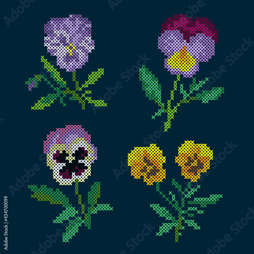 vector art cross stitch pansies