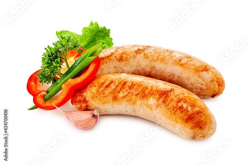 Fried sausages. Homemade sausages from turkey (chicken) fried isolated on white background. Meat product. catering.