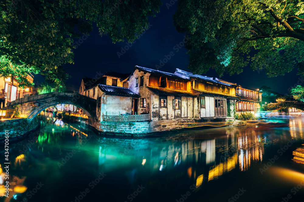 Beautiful night scenery of Zhouzhuang ancient town in Suzhou, China