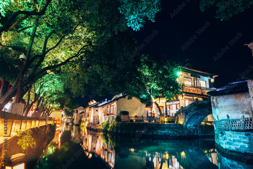 Beautiful night scenery of Zhouzhuang ancient town in Suzhou, China