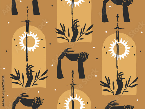 Hand drawn vector abstract stock graphic illustration sketch seamless pattern with human hands silhouette,mystic occult sun and magic sword,line art celestial pattern isolated on color background