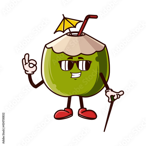 Cute coconut character with eye glass and OK hand gesture. Fruit character icon concept isolated. flat cartoon style Premium Vector