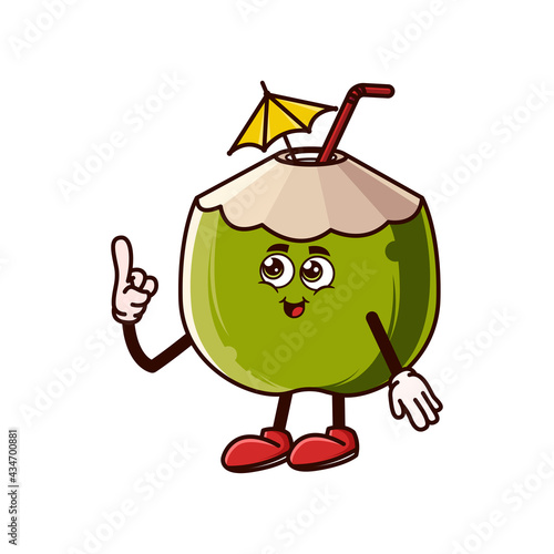 Cute coconut character with happy face and Gesture pointing up. Fruit character icon concept isolated. Emoji Sticker. flat cartoon style Vector