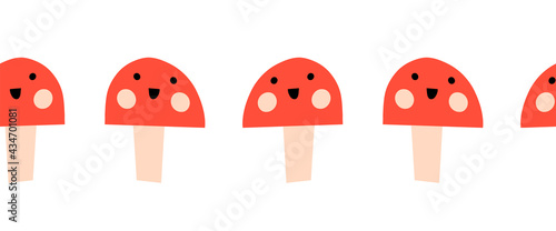 Toadstools smiling seamless vector kids border. Cute repeating pattern mushroom fungi with smiling faces. Surface design for fabric trim, children decor, baby nursery, footer, header, good luck cards.