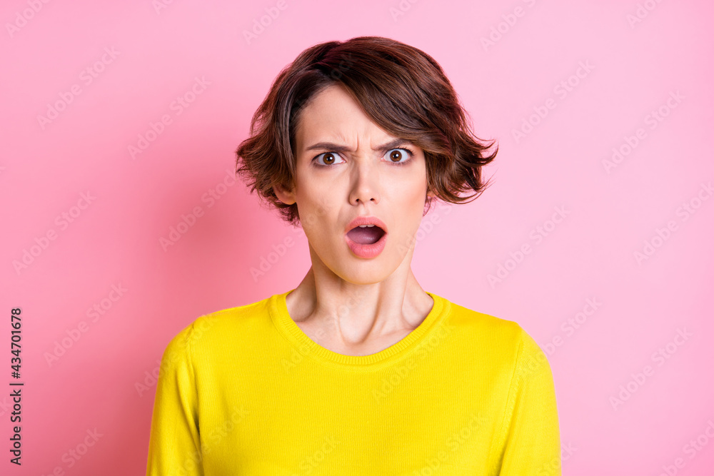 Portrait of attractive fury furious brown-haired girl bad news reaction isolated over pink pastel color background Portrait of attractive fury furious brown-haired girl bad news reaction isolated over pink pastel color background