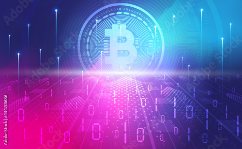 Bitcoin cryptocurrency blockchain abstract background concept, Digital technology banner pink blue background binary code, abstract tech big data, BTC digital crypto currency, coin illustration vector