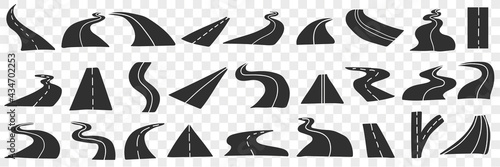 Road and highway doodle set. Collection of hand drawn various roads in different directions with no people and cars in rows isolated on transparent background 
