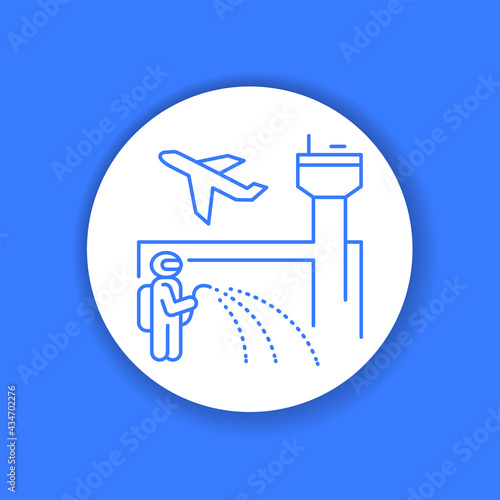 Airport disinfection color glyph icon. Worker in protective suit with disinfector sprayer.