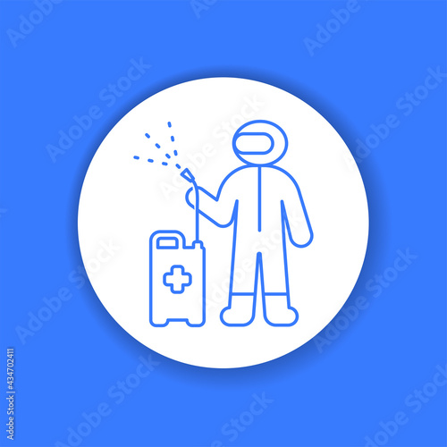 Worker in protective suit with disinfector sprayer color glyph icon.