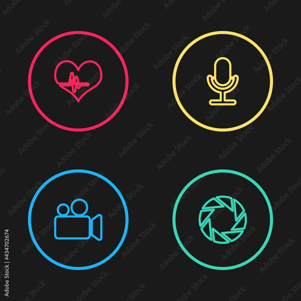 Set line Movie or Video camera, Camera shutter, Microphone and Heart rate icon. Vector Set line Movie or Video camera, Camera shutter, Microphone and Heart rate icon. Vector
