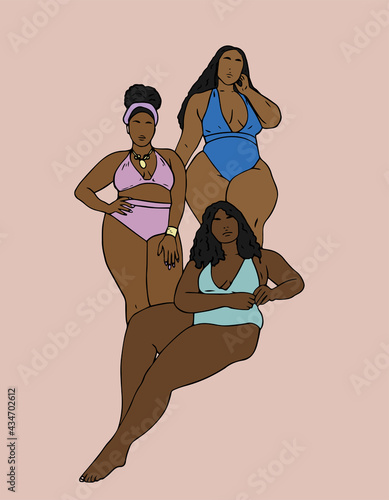 3 gorgeous African curvy women in swimsuits. Handdrawn illustrations
