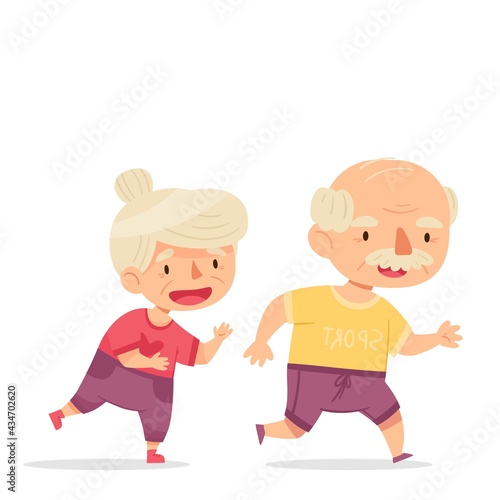 Funny grandparents on a run. Sporty oldies. Cartoon characters isolate on white background. Vector illustration