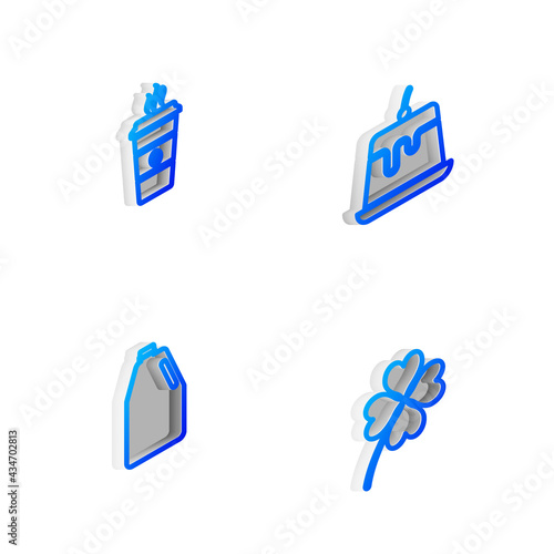 Set Isometric line Pudding custard, Coffee cup, Household chemicals bottle and Four leaf clover icon. Vector