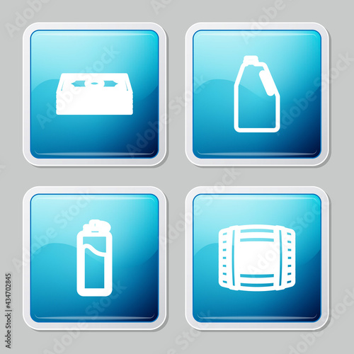 Set line Stacks paper money cash, Household chemicals bottle, Sport with water and Wooden barrel rum icon. Vector