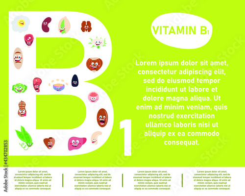 Vitamins in products.. Vitamins of group b1 in food. Infographics depicting cartoon food. Template with an empty place for your text. Healthy and nutritious food for children.