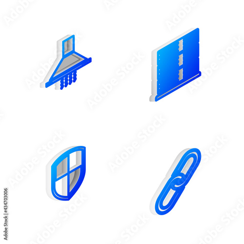 Set Isometric line Server, Data, Web Hosting, Kitchen extractor fan, Shield and Chain link icon. Vector