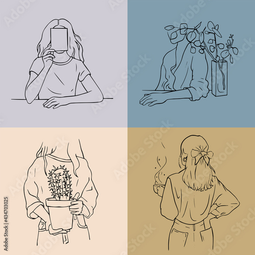 Cute aesthetic girls, romantic illustrations with paster colours. Line art