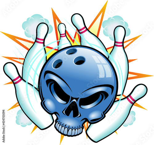 human skull bowling ball striking bowling pins