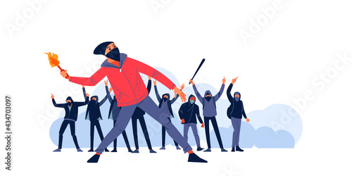 Man with Molotov cocktail on the streets of the city against the background of aggressive teenage protesters in a mask and hood, holding and raising their fists. Flat characters vector illustration
