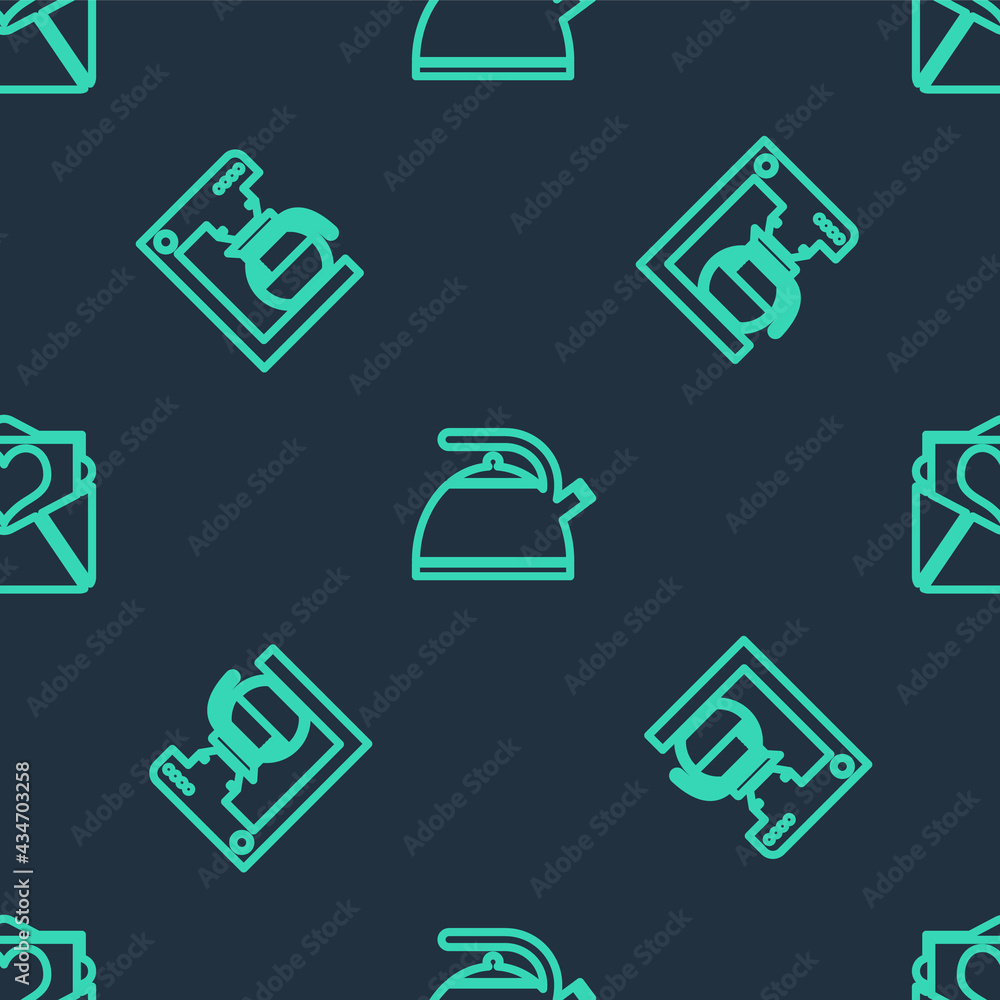 Set line Kettle with handle, Coffee machine pot and Envelope Valentine heart on seamless pattern. Vector Set line Kettle with handle, Coffee machine pot and Envelope Valentine heart on seamless pattern. Vector