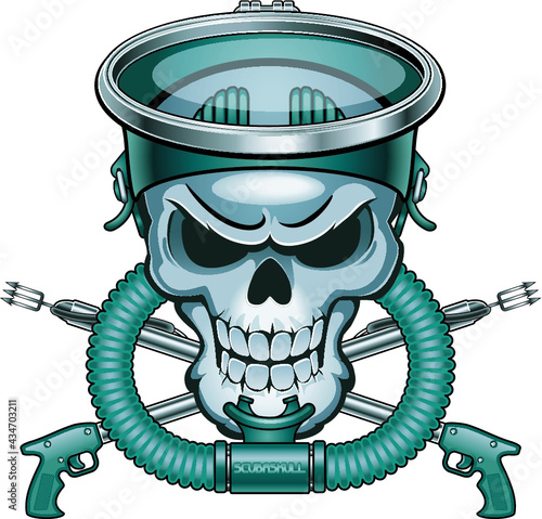 skull with vintage diving mask and crossed spearguns