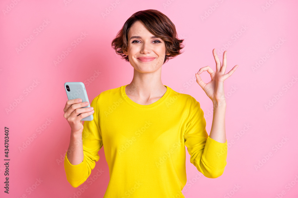Photo portrait of happy girl keeping cellphone using app showing okay sign fingers isolated on pastel pink color background Photo portrait of happy girl keeping cellphone using app showing okay sign fingers isolated on pastel pink color background
