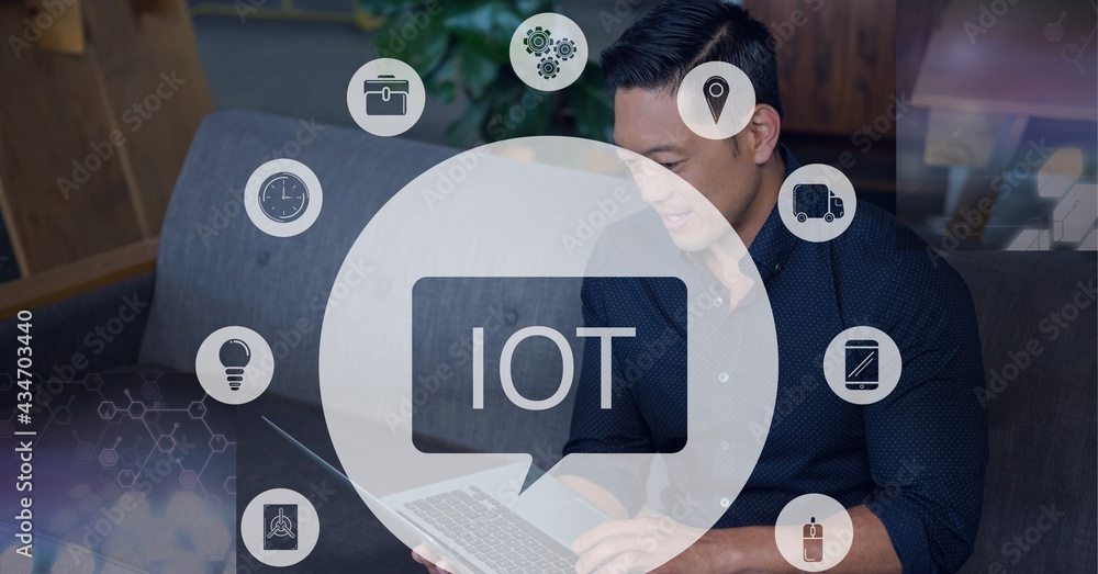 Composition of iot icon with network of connections over man using tablet Composition of iot icon with network of connections over man using tablet