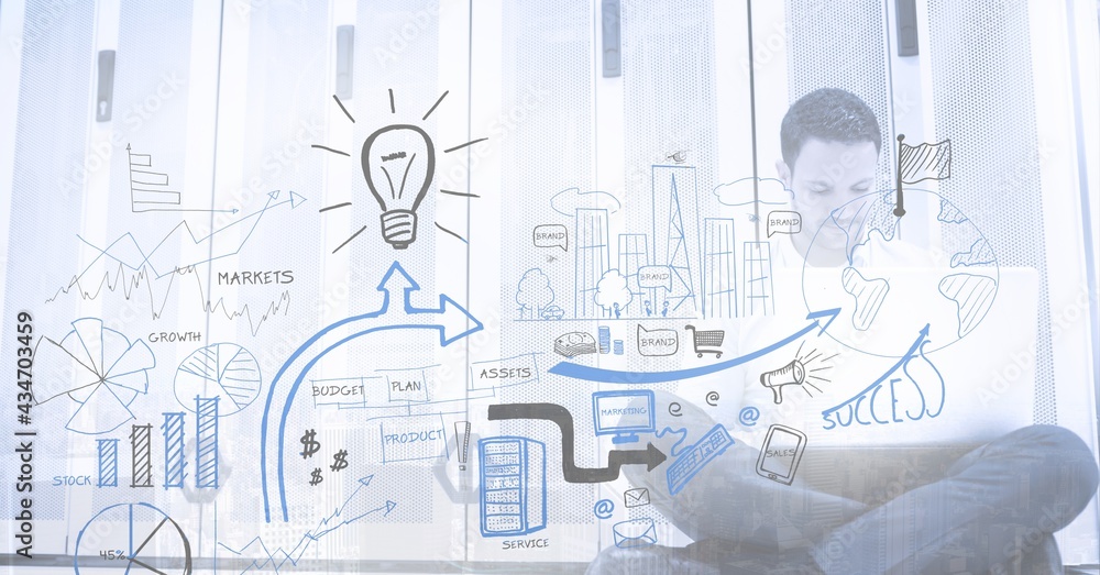 Composition of network of connections with environment icons over man in office over cityscape Composition of network of connections with environment icons over man in office over cityscape