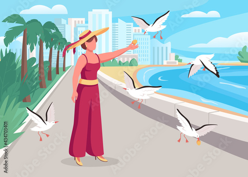 Feeding seagulls on coast flat color vector illustration. Relaxing place for solo vacation. Stylish woman wearing summer outfit 2D cartoon faceless character with seafront on background