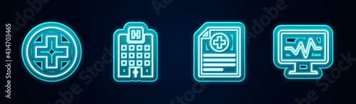 Set line Medical cross in circle, hospital building, Clinical record and Monitor with cardiogram. Glowing neon icon. Vector
