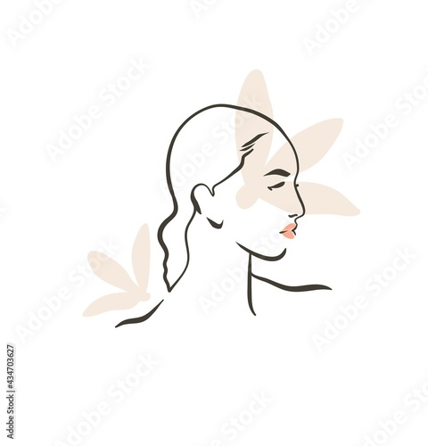 Hand drawn vector abstract stock flat graphic contemporary line art,aesthetic fashion illustration with bohemian,beautiful modern female portrait in simple trendy style isolated on pastel background