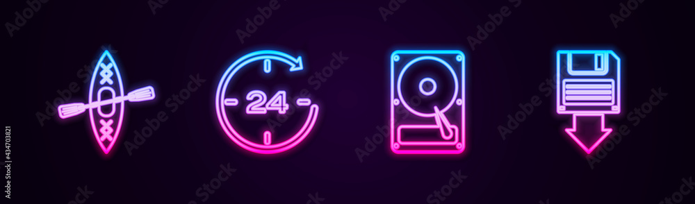 Set line Kayak and paddle, Clock 24 hours, Hard disk drive HDD and Floppy backup. Glowing neon icon. Vector Set line Kayak and paddle, Clock 24 hours, Hard disk drive HDD and Floppy backup. Glowing neon icon. Vector
