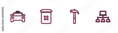 Set line Taxi car, Hammer, Trash can and Computer network icon. Vector