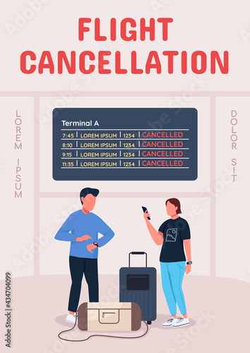 Flight cancellation poster flat vector template. Travel restrictions. Brochure, booklet one page concept design with cartoon characters. Passengers safety and health protection flyer, leaflet