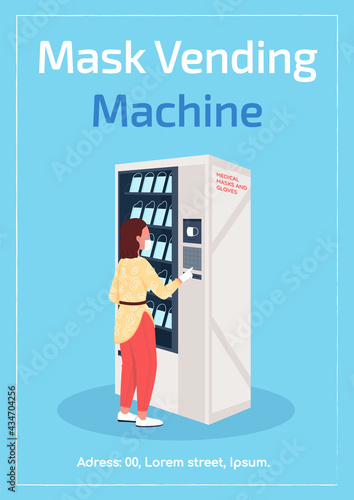 Masks vending machine poster flat vector template. Automating disposable masks delivery. Brochure, booklet one page concept design with cartoon characters. Personal hygiene products flyer, leaflet