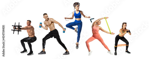 Collage of different professional sportsmen, fit people in action and motion isolated on white background. Flyer.