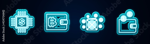 Set line Processor chip with dollar, Cryptocurrency wallet, ASIC Miner and . Glowing neon icon. Vector