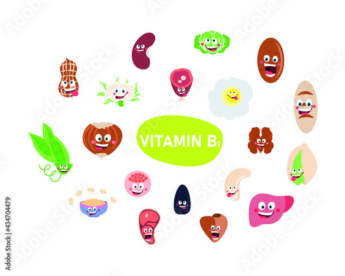 Vitamins in products. Image of food products containing vitamins B1. Vitamins in food. A healthy and nutritious diet.