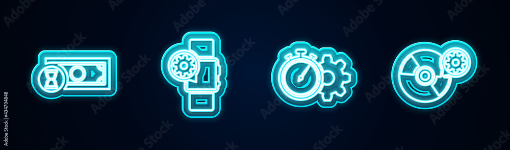 Set line Fast payments, Smartwatch setting, Time management and CD or DVD disk. Glowing neon icon. Vector Set line Fast payments, Smartwatch setting, Time management and CD or DVD disk. Glowing neon icon. Vector